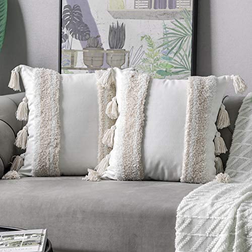 Kids Accent Cushion Covers for Farmhouse DEZENE Boho Throw Pillow Covers: 2 Pack 100% Cotton Woven Tufted Decorative Square Pillowcases with Pom-poms for Couch Sofa Bed 18 x 18 Inch Beige Kids Accent Cushion Covers for Farmhouse DEZENE Boho Throw Pillow Covers: 2 Pack 100% Cotton Woven Tufted Decorative Square Pillowcases with Pom-poms for Couch Sofa Bed 18 x 18 Inch Beige
